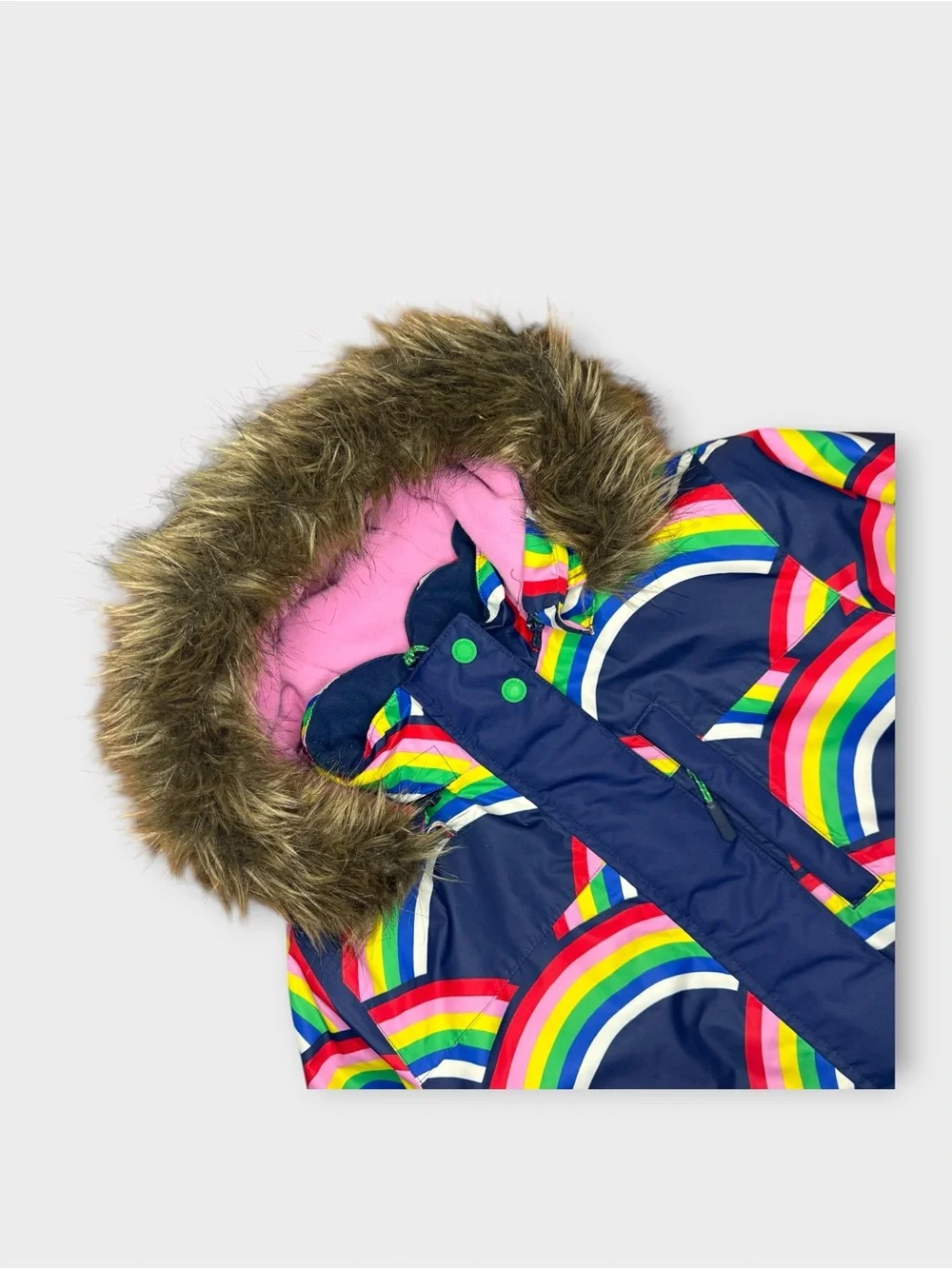 Mini Boden All Weather Waterproof Hooded Fur Rainbow Pattern Blue Powder Coat